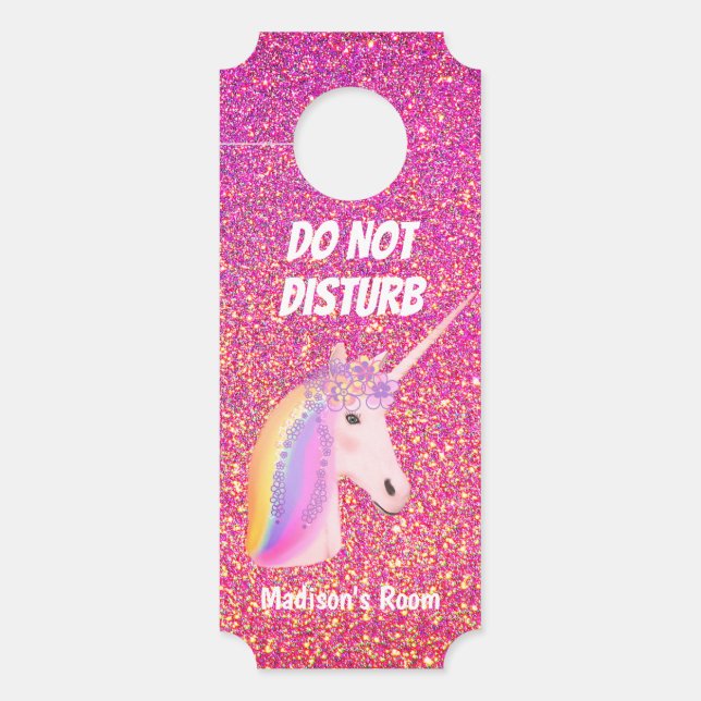 Do Not Disturb Unicorn Pink Glitter Personalised Door Hanger (Front)