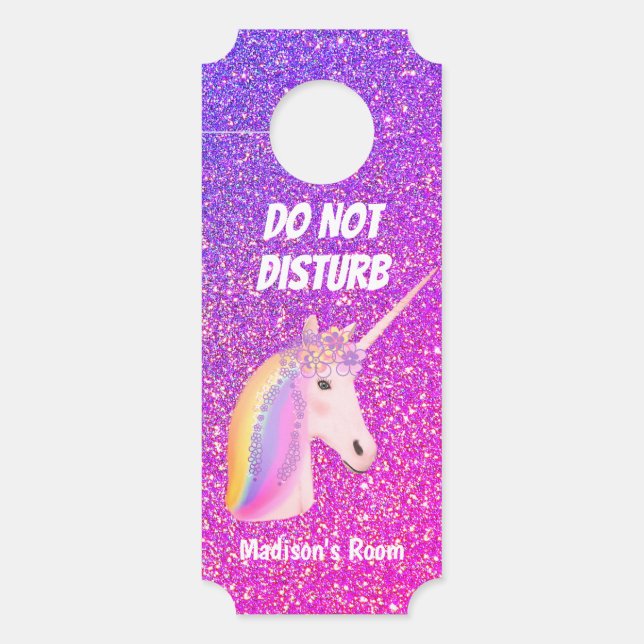 Do Not Disturb Unicorn Pink Purple Glitter Kids Door Hanger (Front)
