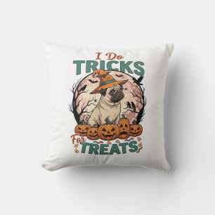 Do Tricks Treats Halloween Pug Witch Hat Pumpkins_ Cushion
