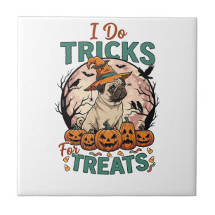 Do Tricks Treats Halloween Pug Witch Hat Pumpkins_ Tile