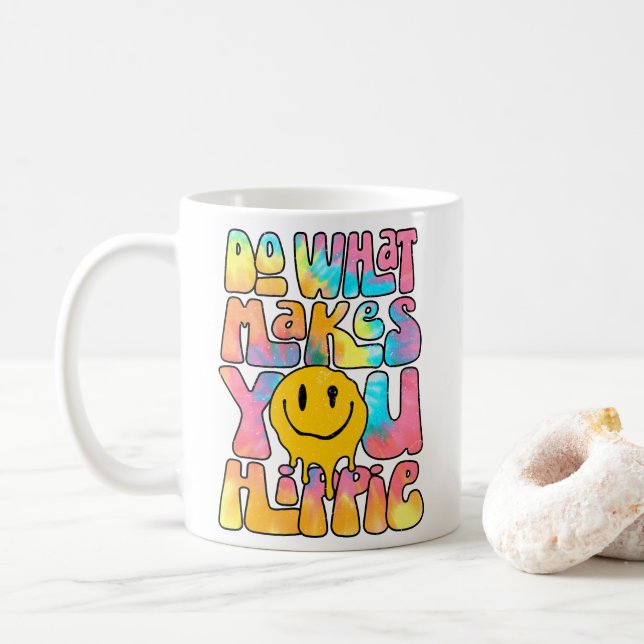 Do What Makes You Happy, Retro Hippie Happy Face Coffee Mug (With Donut)