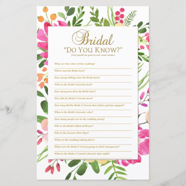 Do You Know Shower Game, Bridal Shower Game (Front)