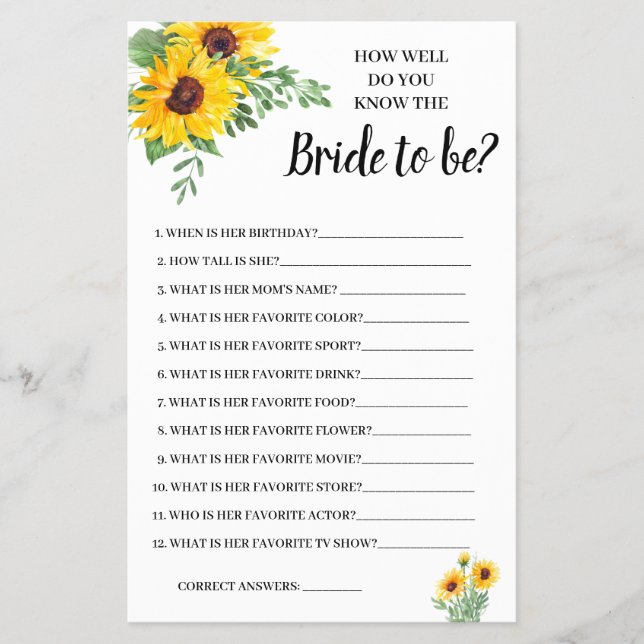 Do you know the Bride Sunflowers Shower Game Card (Front)