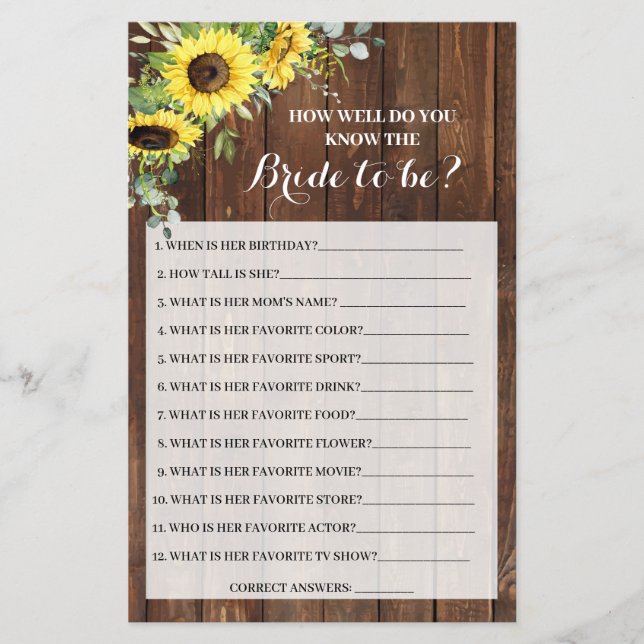 Do you know the Bride Sunflowers Shower Game Card (Front)