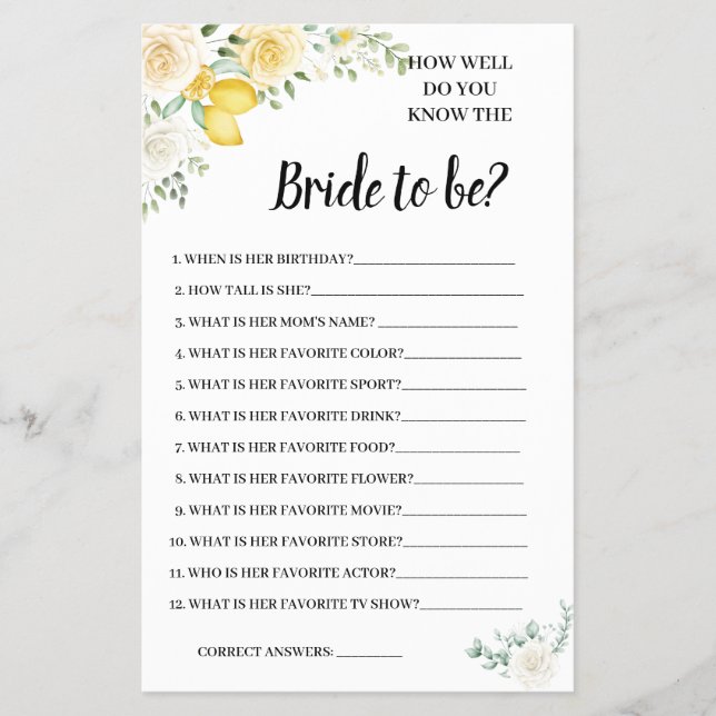 Do you know the Bride WhiteRoses Shower Game Card (Front)