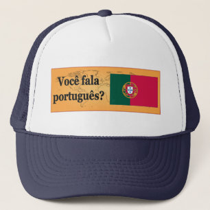 Do you speak Portuguese? in Portuguese. Flag bf Trucker Hat