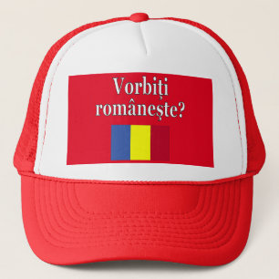 Do you speak Romanian? in Romanian. Flag Trucker Hat
