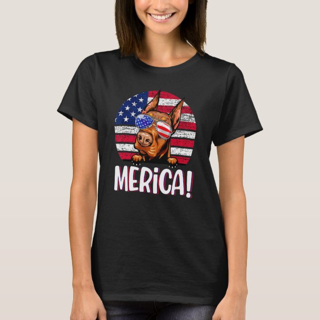 Doberman 4th Of July American Flag Dog  Men Women  T-Shirt (Front)