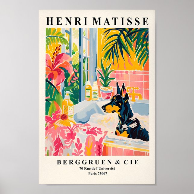 Doberman Art Print, Tropical Bathroom Wall Art, Ar Poster (Front)