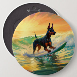 Doberman Beach Surfing Painting 6 Cm Round Badge