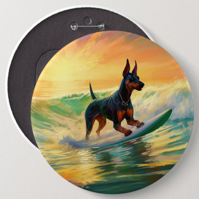 Doberman Beach Surfing Painting 6 Cm Round Badge (Front & Back)