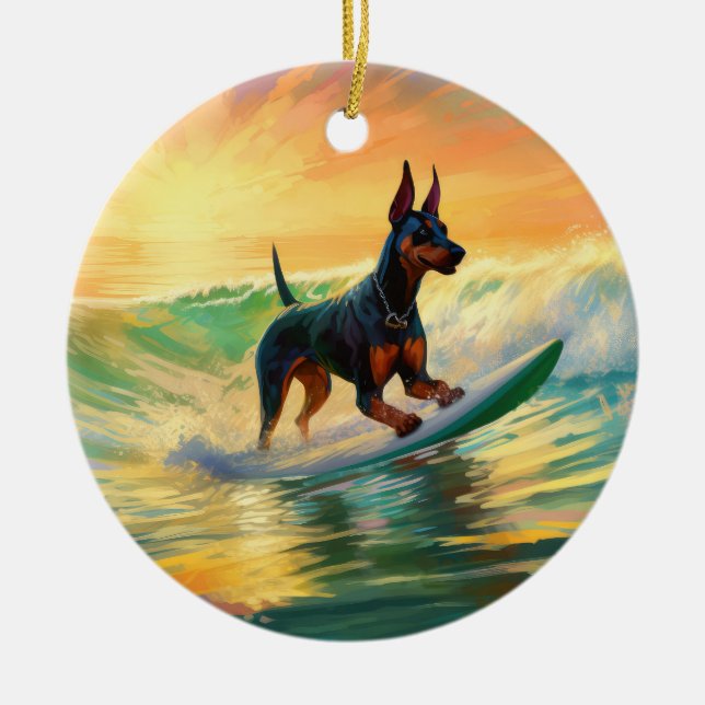 Doberman Beach Surfing Painting Ceramic Tree Decoration (Front)