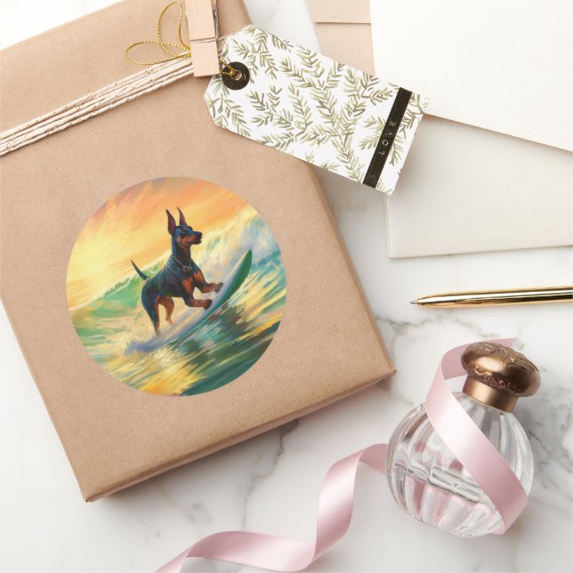 Doberman Beach Surfing Painting Classic Round Sticker (Gifting)