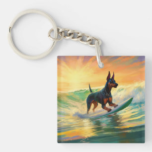 Doberman Beach Surfing Painting Key Ring
