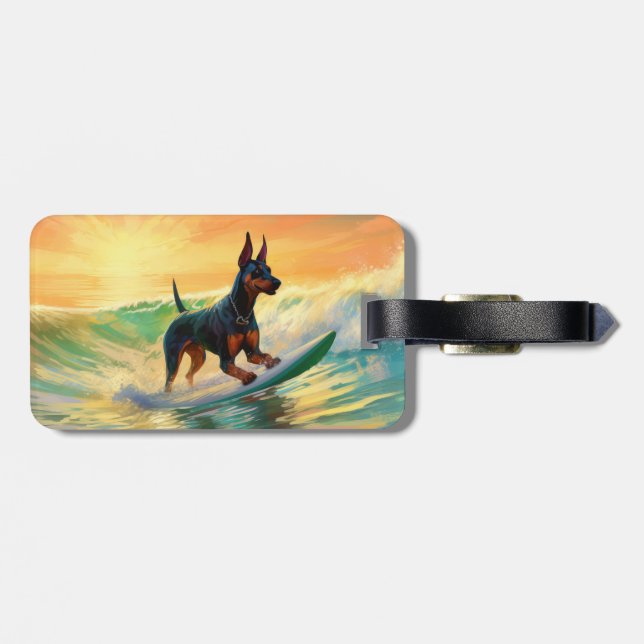 Doberman Beach Surfing Painting Luggage Tag (Back Horizontal)