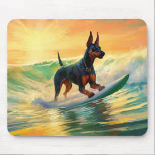 Doberman Beach Surfing Painting Mouse Mat