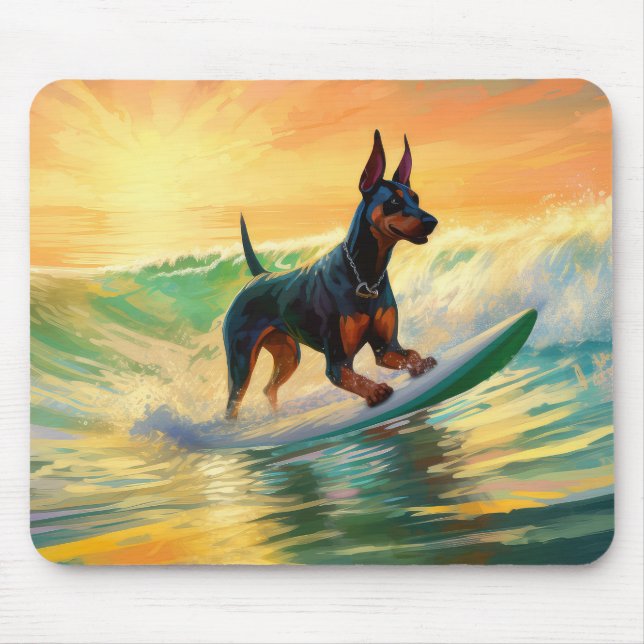 Doberman Beach Surfing Painting Mouse Mat (Front)