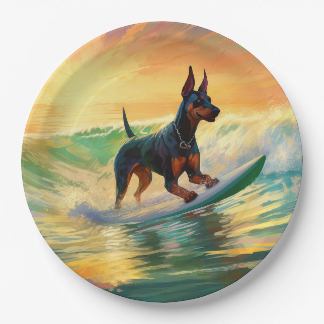 Doberman Beach Surfing Painting Paper Plate (Front)