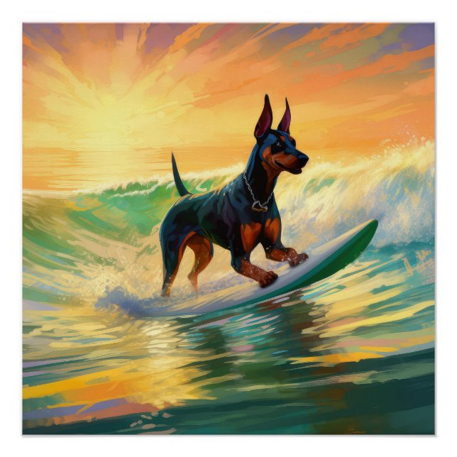 Doberman Beach Surfing Painting Poster (Front)