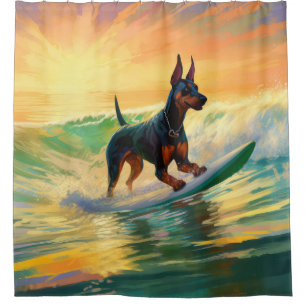Doberman Beach Surfing Painting Shower Curtain