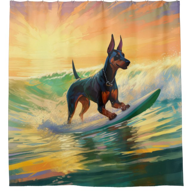 Doberman Beach Surfing Painting Shower Curtain (Front)