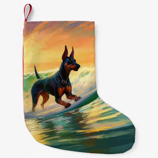 Doberman Beach Surfing Painting Small Christmas Stocking (Front)