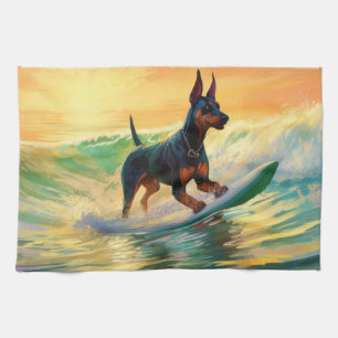 Doberman Beach Surfing Painting Tea Towel