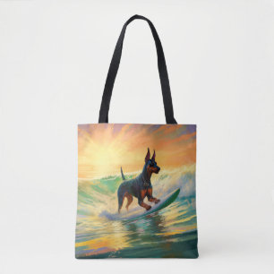 Doberman Beach Surfing Painting Tote Bag