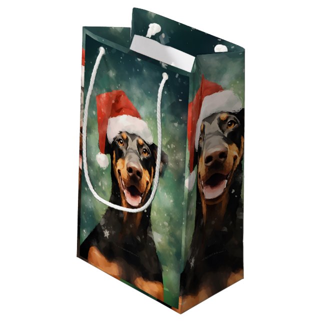 Doberman Christmas brush painting artwork Small Gift Bag (Back Angled)