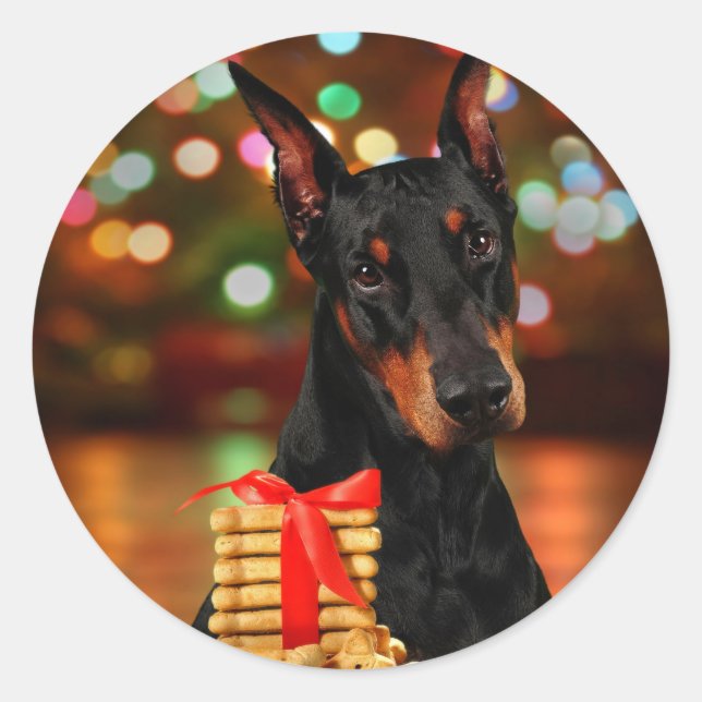 Doberman Christmas Classic Round Sticker (Front)
