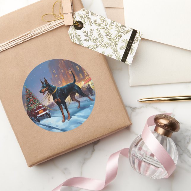 Doberman Christmas Festive Season Classic Round Sticker (Gifting)