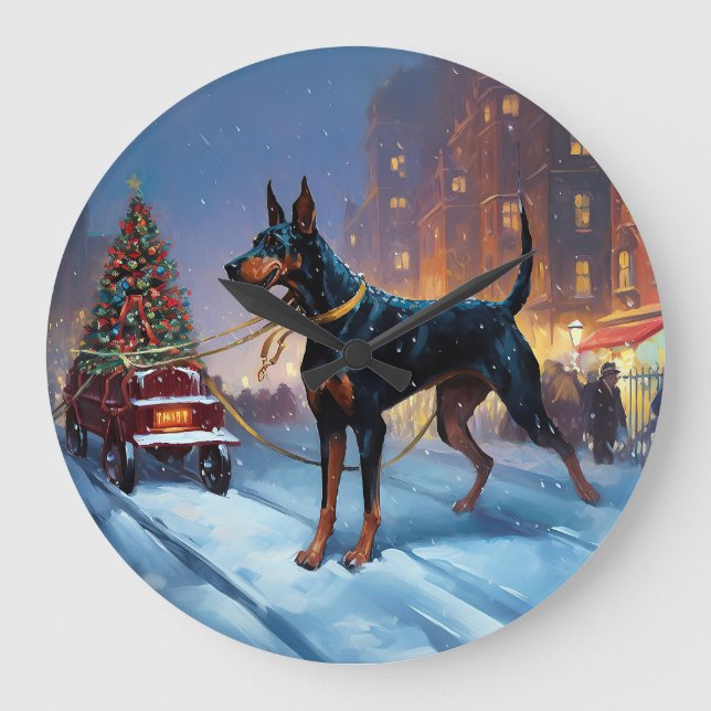 Doberman Christmas Festive Season Large Clock (Front)