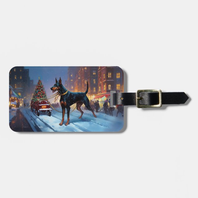 Doberman Christmas Festive Season Luggage Tag (Front Horizontal)