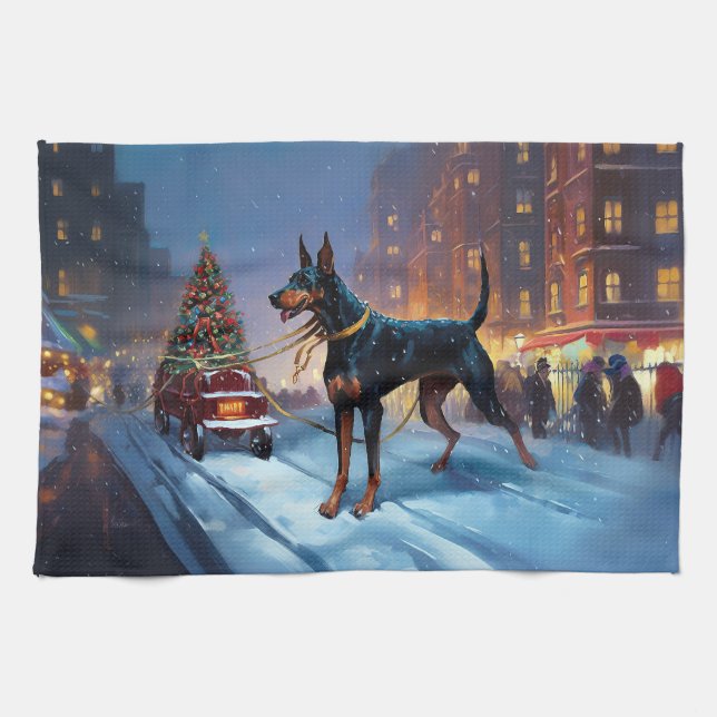 Doberman Christmas Festive Season Tea Towel (Horizontal)