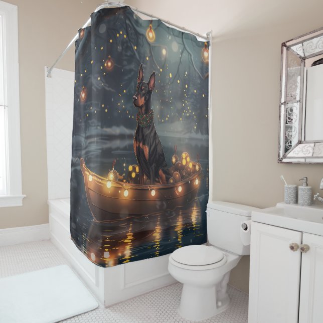 Doberman Christmas Festive Voyage  Shower Curtain (In Situ)