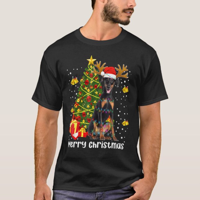 Doberman Christmas Lights Tree Santa Xmas Dobie Do T-Shirt (Front)
