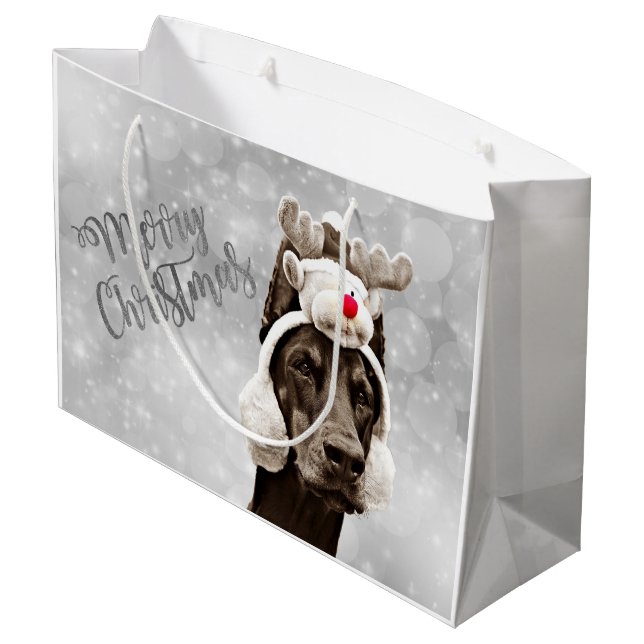 Doberman Christmas Portrait Large Gift Bag (Back Angled)