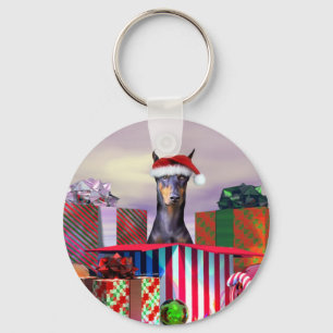 Doberman Christmas Surprise Key Ring