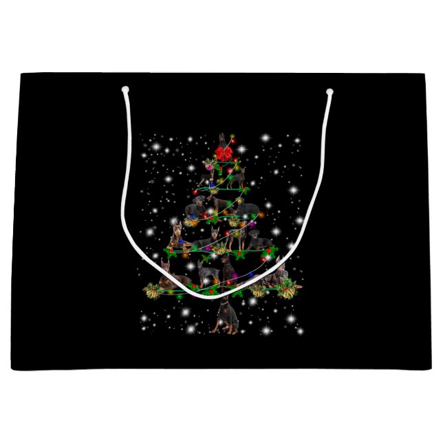 Doberman Christmas Tree Covered By Flashlight Large Gift Bag (Front)