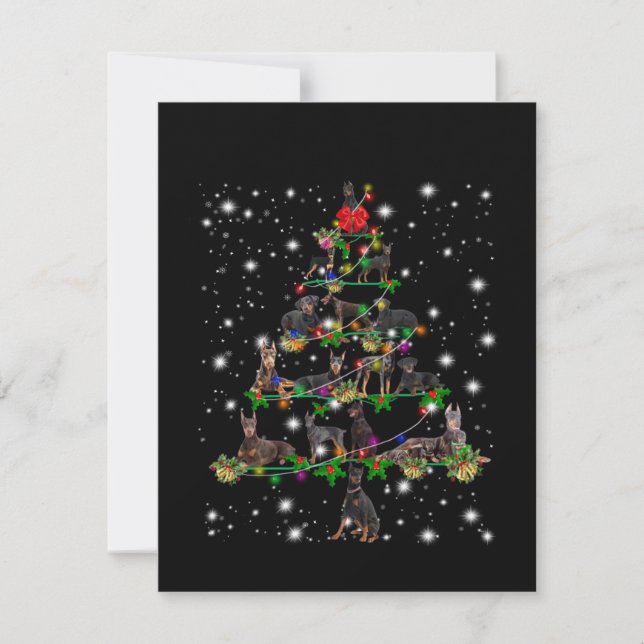 Doberman Christmas Tree Covered By Flashlight Thank You Card (Front)