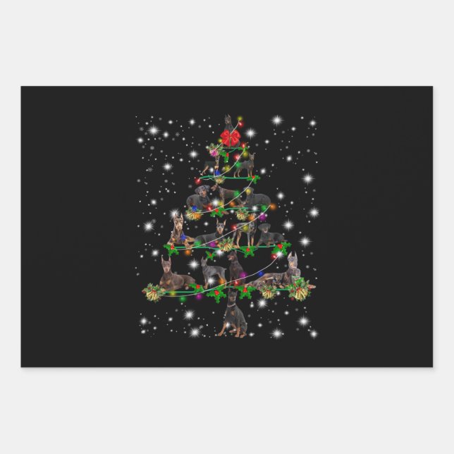 Doberman Christmas Tree Covered By Flashlight Wrapping Paper Sheet (Front)