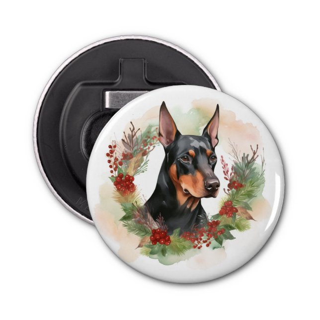 Doberman Christmas Wreath Festive Pup Bottle Opener (Front)