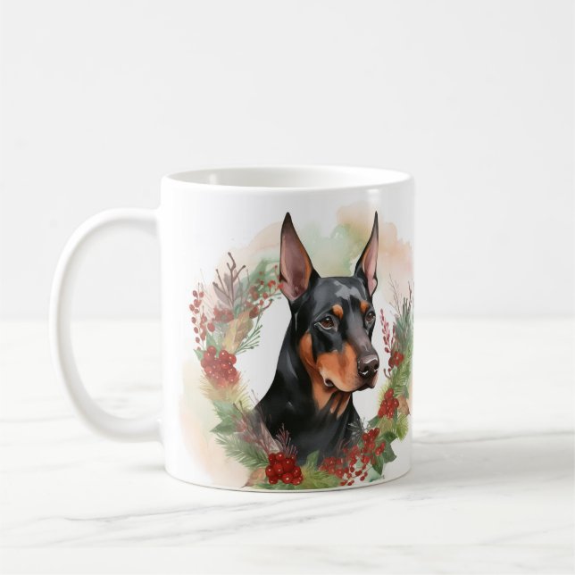 Doberman Christmas Wreath Festive Pup Coffee Mug (Left)