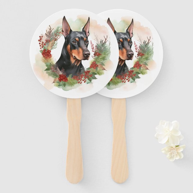 Doberman Christmas Wreath Festive Pup Hand Fan (Front and Back)