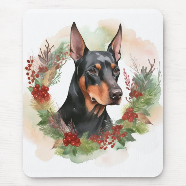 Doberman Christmas Wreath Festive Pup Mouse Mat (Front)