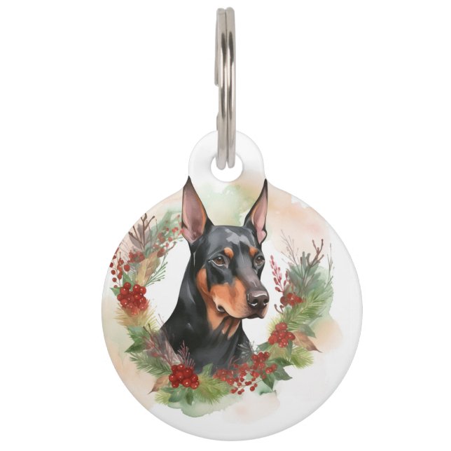 Doberman Christmas Wreath Festive Pup Pet Tag (Front)