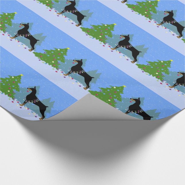 Doberman Decorating Tree in the Forest Wrapping Paper (Corner)
