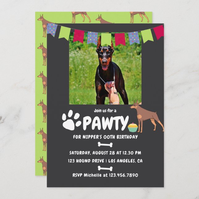 Doberman Dog Birthday photo invitation (Front/Back)