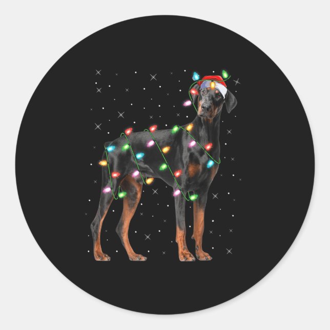Doberman Dog Christmas Lights Santa Pet Dog Lover  Classic Round Sticker (Front)