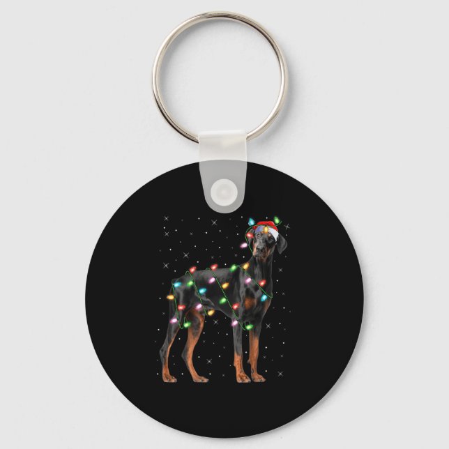 Doberman Dog Christmas Lights Santa Pet Dog Lover  Key Ring (Front)